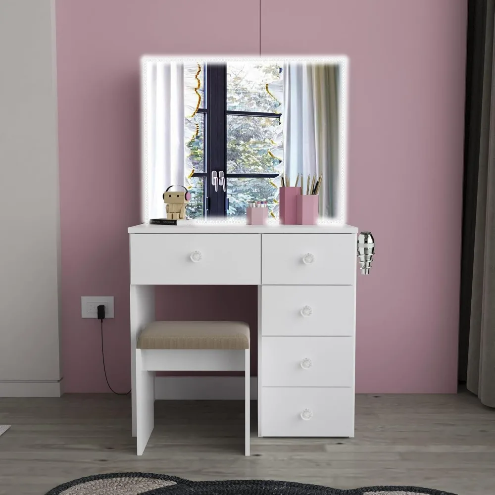 Makeup Vanity with Illuminated Mirror and Power Socket&drawer, Adjustable Brightness, Sliding Storage