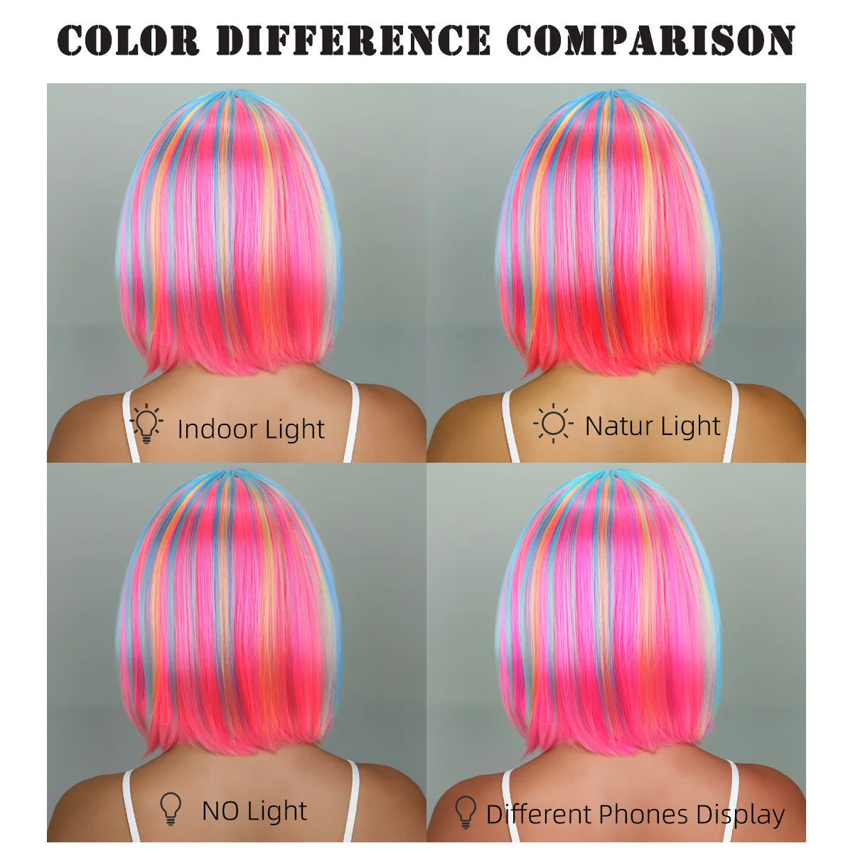 Rainbow multi-color synthetic wig for daily gatherings, parties, Halloween cosplay, bob hairstyle with side bangs, head cover image 3