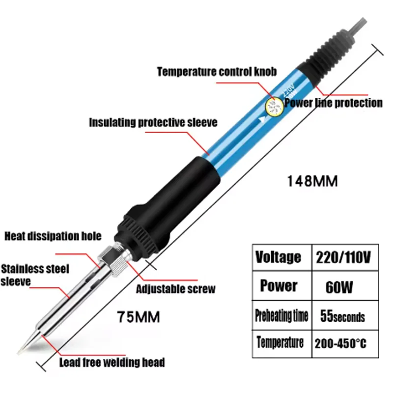 60 واط المحمولة سبيكة لحام كهربائي لحام الحديد درجة الحرارة قابل للتعديل 220 فولت 110 فولت لحام محطة إعادة العمل أطراف لحام
