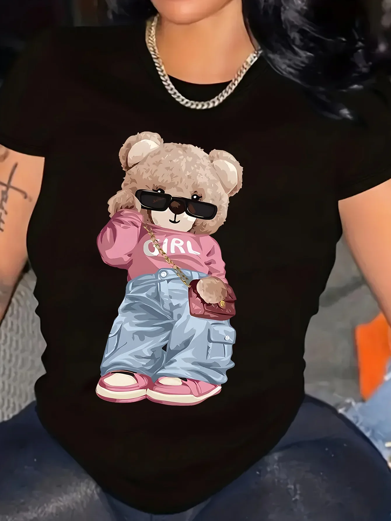 Bonito urso impressão camiseta manga curta tripulação pescoço casual topo para o verão & primavera roupas femininas t camisa feminina topos streetwear