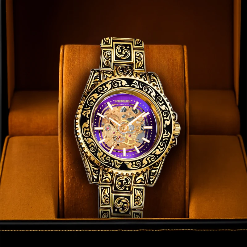 A men's purple dial with no numerical bar scale gear dial, suitable for business, leisure, gift giving, and mechanical watches