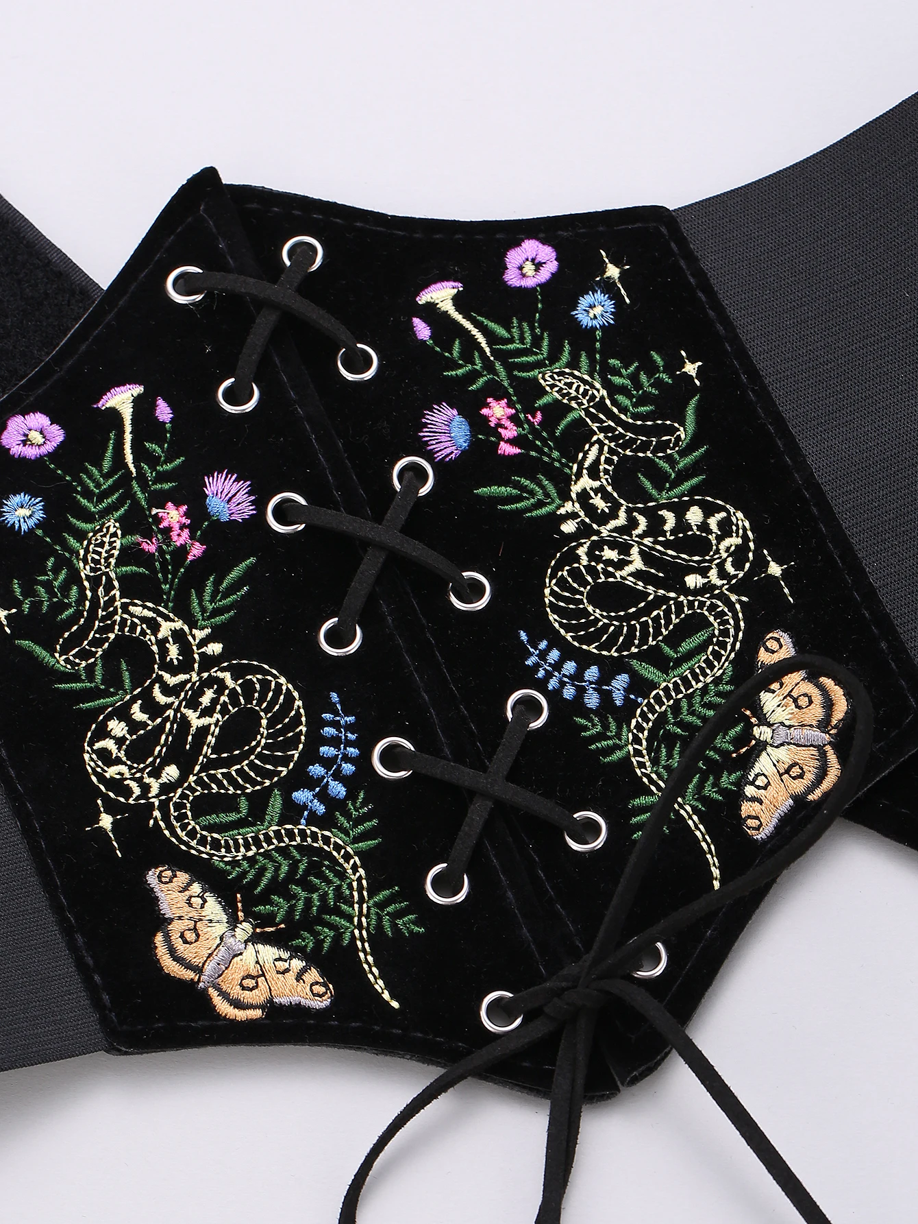 HERSHINE Women's Vintage Velvet Embroidered Elastic Wide Belt, Snake and Moth Pattern, Y2K Gothic Style,spring，summer，Christmas