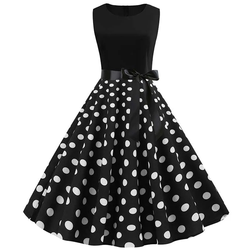 Czarna sukienka bez rękawów w kropki Vintage Pin up A-Line Casual Robe Femme Women's Party Vestidos