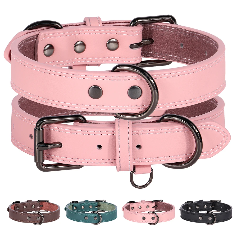 Soft Leather Dog Collar Adjustable PU Leather Pet Collars Dogs Necklace Collar for Small Medium Large Dogs Pitbull Pink S-XL