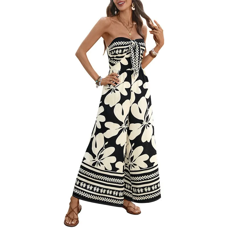 Summer Woman Jumpsuit Floral Print Tie Back Backless Jumpsuits Wide Leg High Waist Ruched Romper Strapless Maxi Length Long