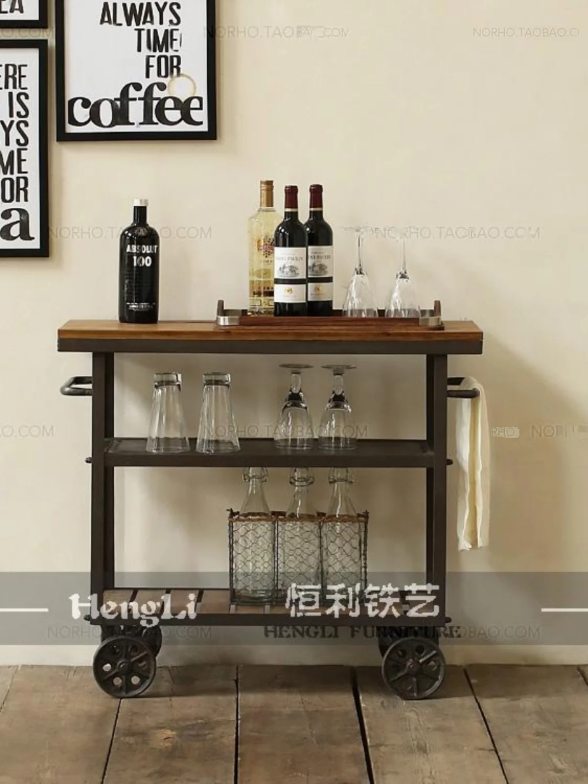 

Solid wood dining car retro kitchen cart hotel mobile dining car storage car wine rack wine cart cake