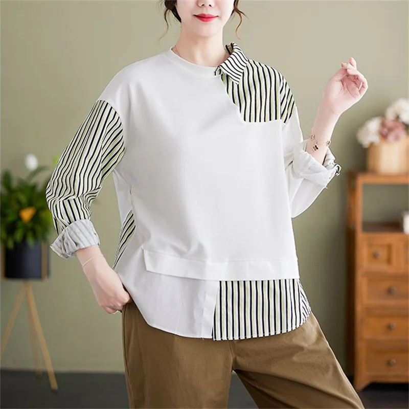 Y2K Spring Summer Fake Two Pieces Shirt 2024 New Spliced Women's Clothes Pullover Top Fashion Stripe Loose Female Blouse