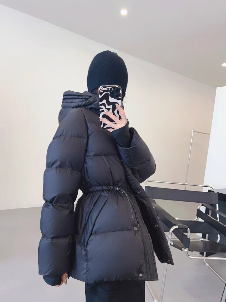 Winter New Down Jacket Female White Duck Down Thicken Warm Mid-length Hooded Puffer Jacket Stand Collar Drawstring Slim Coat