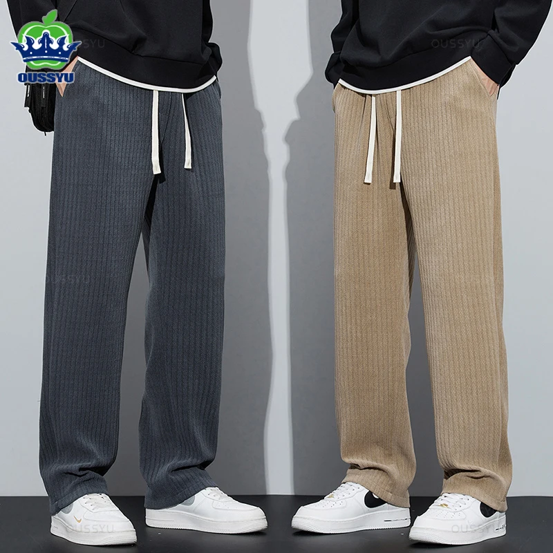 

2024 New Autumn Winter Soft Stretch Stripe Corduroy Pants Men Thick Elastic Waist Korea Baggy Straight Work Jogger Trousers Male