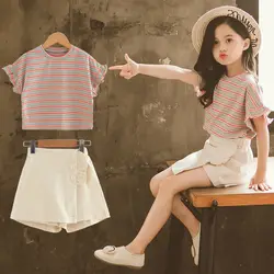 Conjuntos de ropa para niñas adolescentes, Top y pantalones cortos de estilo coreano, traje de princesa pequeña, moda de verano, 4, 5, 6, 7, 8, 9, 10, 11, 12 años