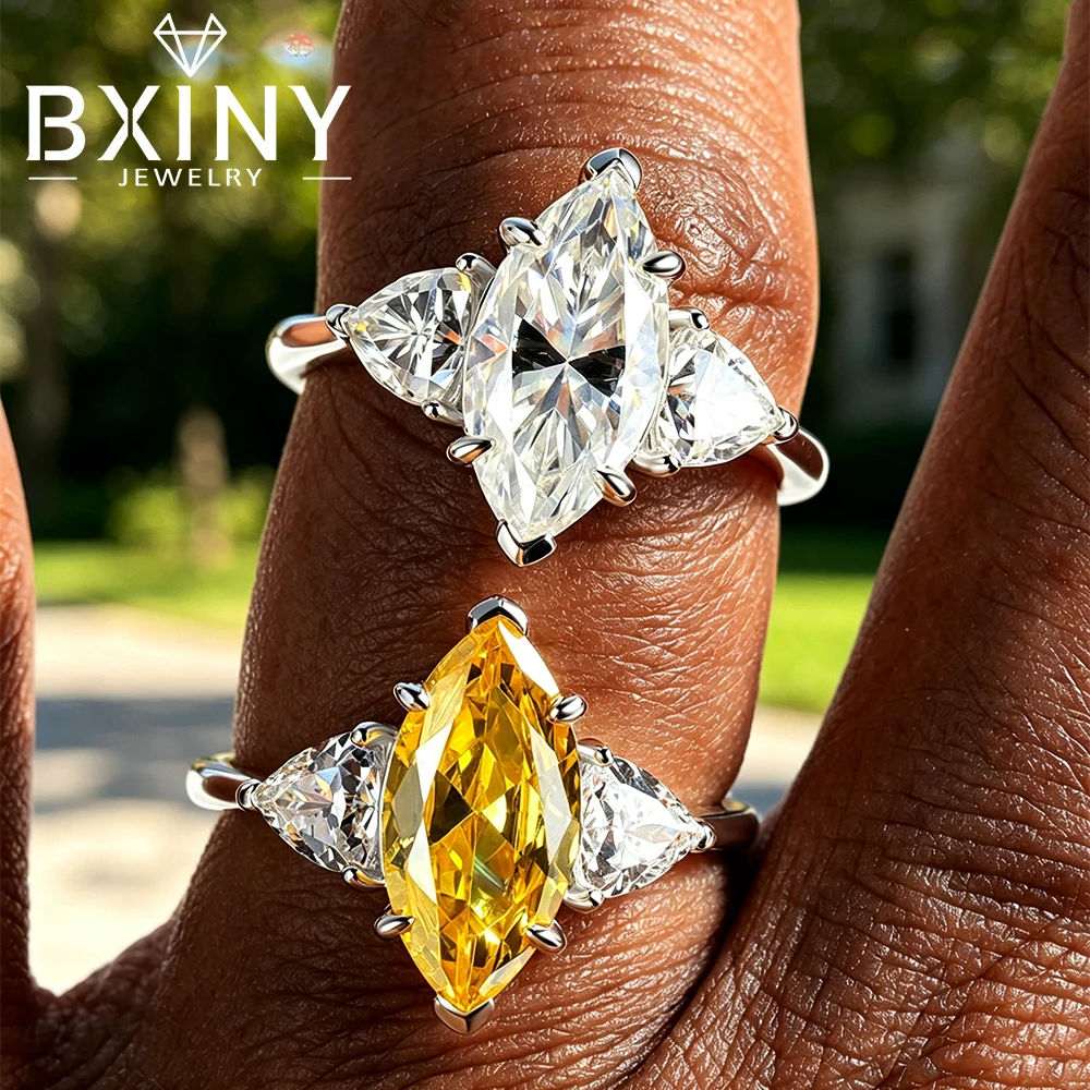 

BXINY 3CT Marquise Cut All Moissanite Ring 925 Sterling Silver for Women 3-stone Diamond Wedding Band Gift Fine Jewelry With GRA