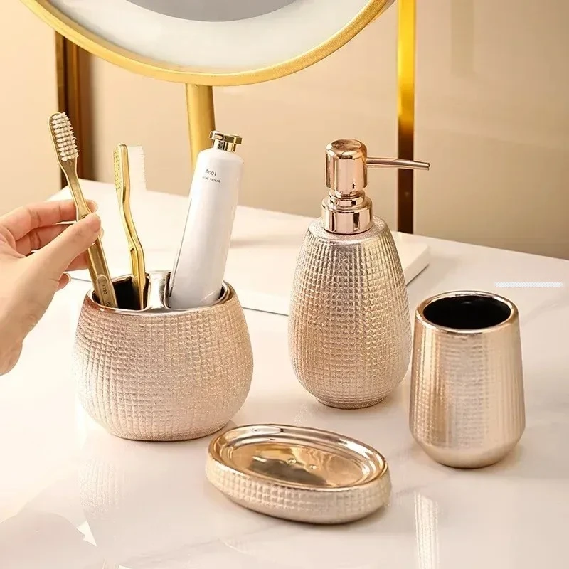 

Rose Gold Kit Bathroom Accessories Sets Luxury Complete Ceramic Toilet Soap Dish Toothbrush Holder Shampoo Pump Dispenser Bottle
