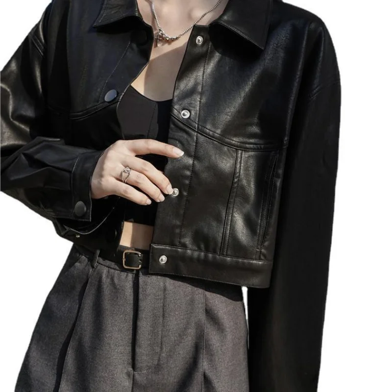 PU Short Jacket Women Autumn Winter Imitation Leather Crop Coats Handsome Versatile Lapel Faux Street Long Sleeves Loose Clothes