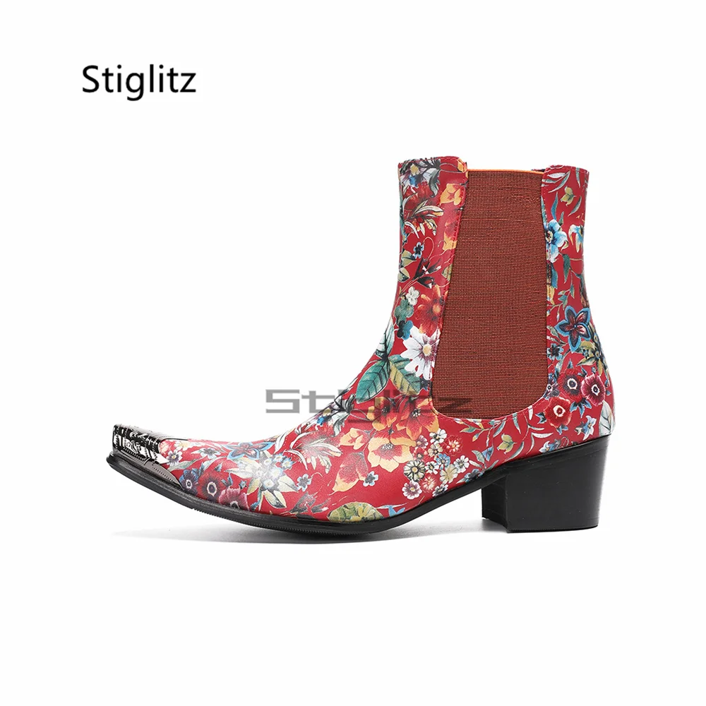 Men's High Heels Flowers Print Chelsea Boots Pointed Metal Toe Stretch Band Ankle Western Boots Trendy Dress Party Shoes