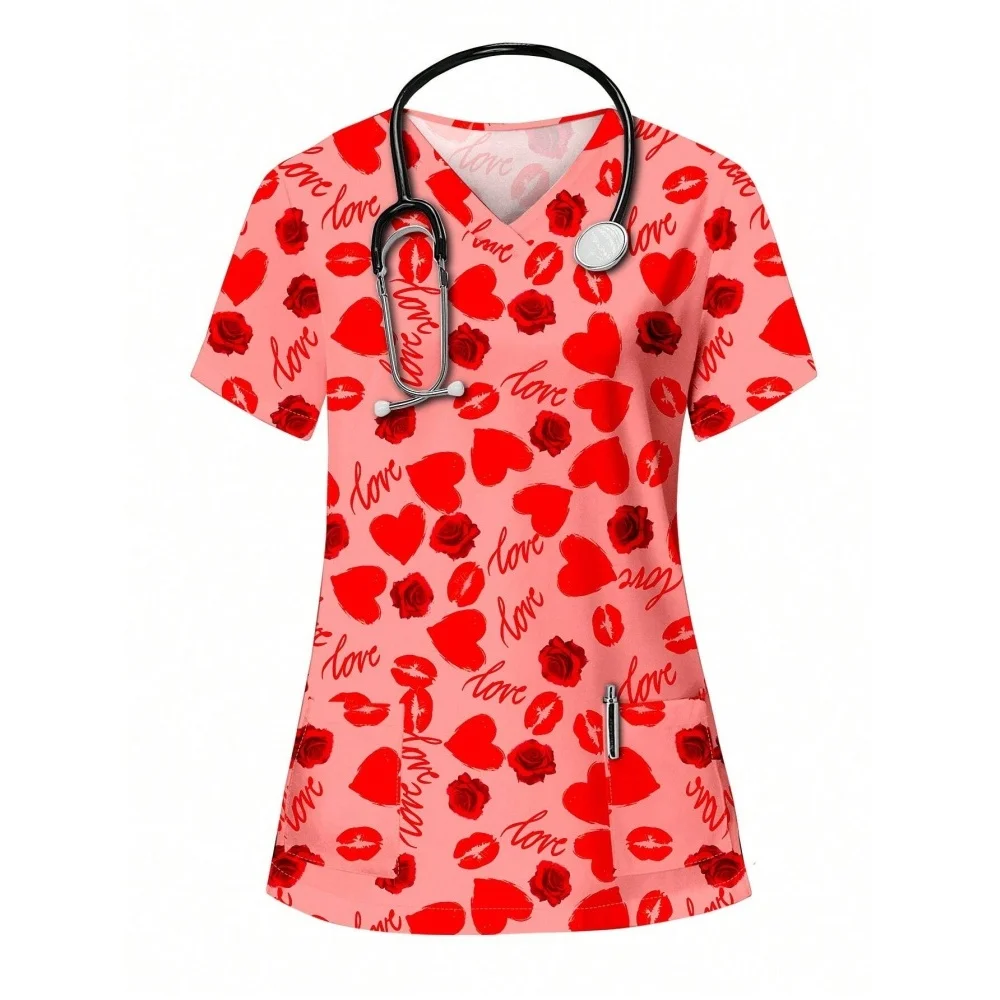 Heart Print V-Neck Stretchy Medical Uniform for Women Casual Short Sleeve Patched Pockets Tops Scrubs Medical Uniforms Woman
