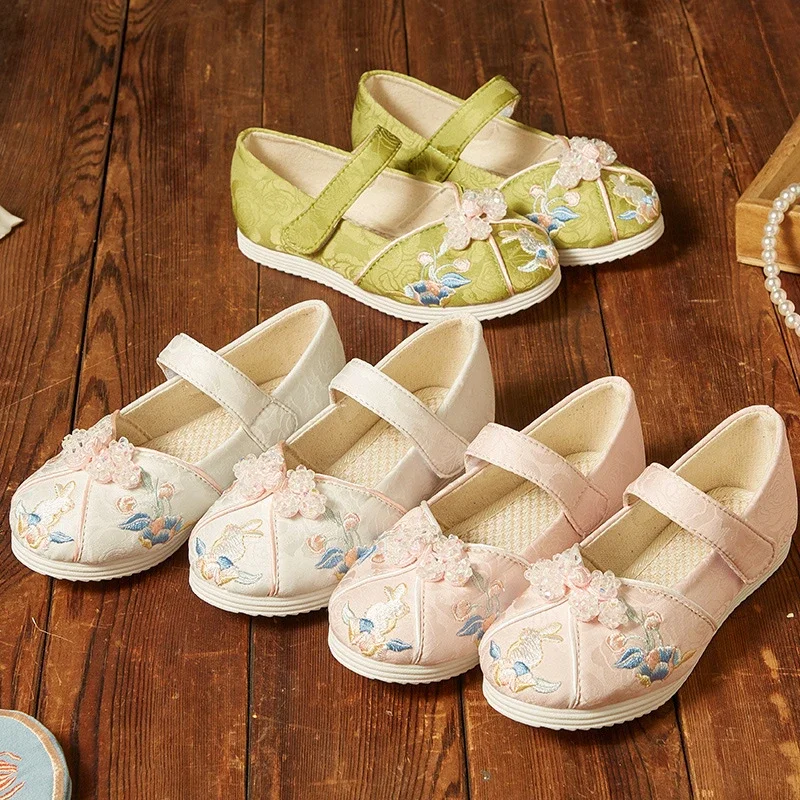 Chinese Ancient Girls Hanfu Shoes Fashion Sweet Embroidery Children's Ethnic Style Flat Shoes Causal Kids Princess Cloth Shoes