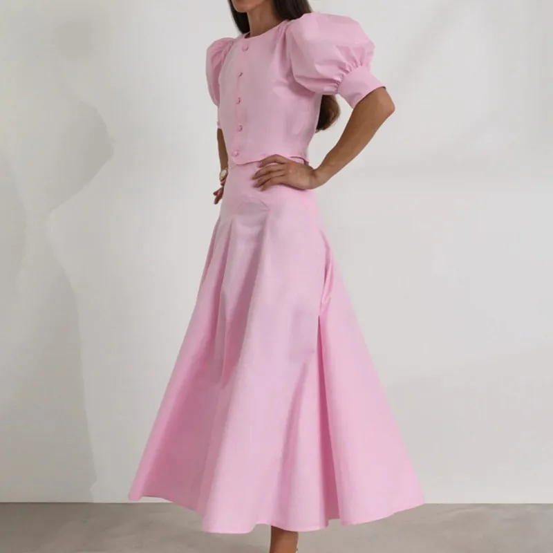 

Summer Loose Pink Cotton Women's Two Pieces Set 2025 Fashion Short Sleeve Shirt With High Waist Long Skirt Set Female Outfits