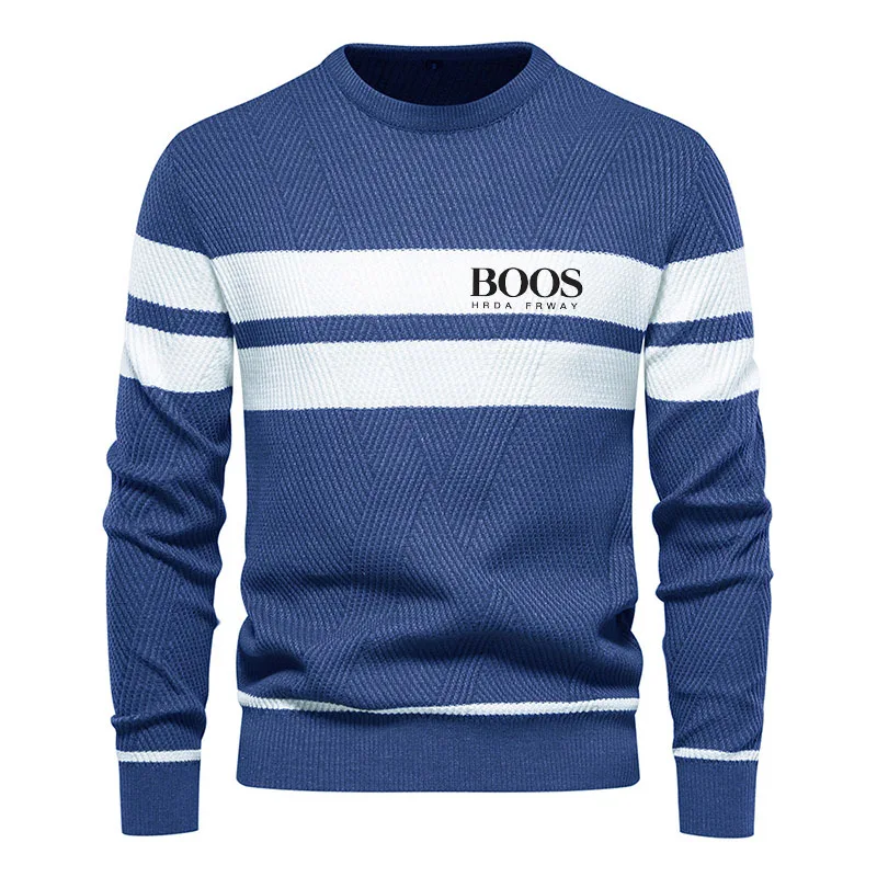 Autumn and Winter Embroidered Mens Boys Winter Stripe Sweater Thick Warm Pullovers Men\'s O-neck Basic Casual Slim Sweaters