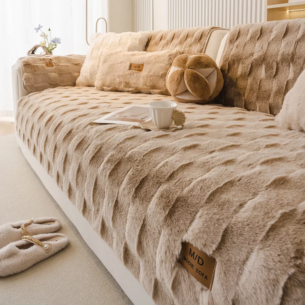 Plush Thick Sofa Cover Fabric Light Luxury Fixed Anti Slip Warm Sofa Cushion One-piece High-end Straight Row