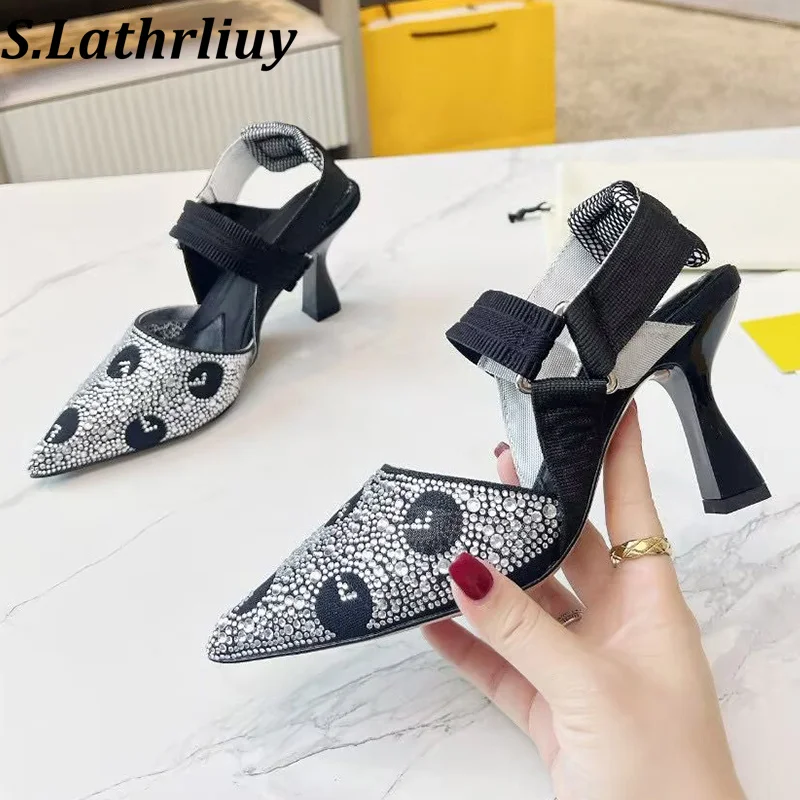 

Spring Summer Pointed Shiny Crystal Elastic Band Design Sandals Women's Bling Bling Rhinestone Thin High Heel Party Dress Shoes