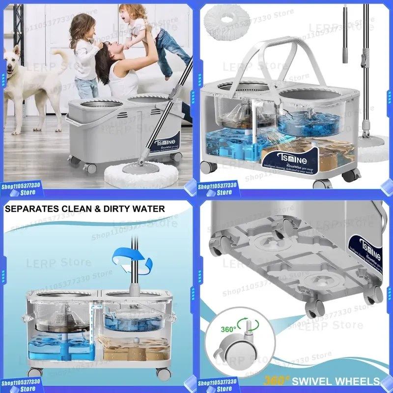 360 Degree Spin Mop and Bucket Set with Wheels Dual Compartment for Clean Dirty Water Easy Twist Wringer Floor Cleaning Tool