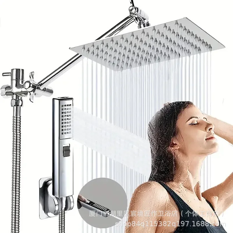 Luxury Rainfall Shower System Set Square Head Handheld Sprayer Slide Bar Bracket Hose Complete Bathroom Fixture Kit Chrome view 4