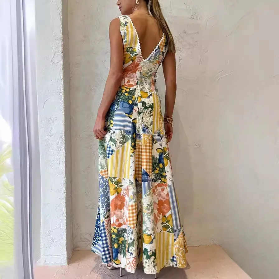 กระโปรงยาวทรงเอวสูง คอวี ผ้าฝ้ายลินินพิมพ์ลาย สำหรับผู้หญิง สไตล์ลำลอง แบรนด์ Fruugo เหมาะสำหรับฤดูร้อน