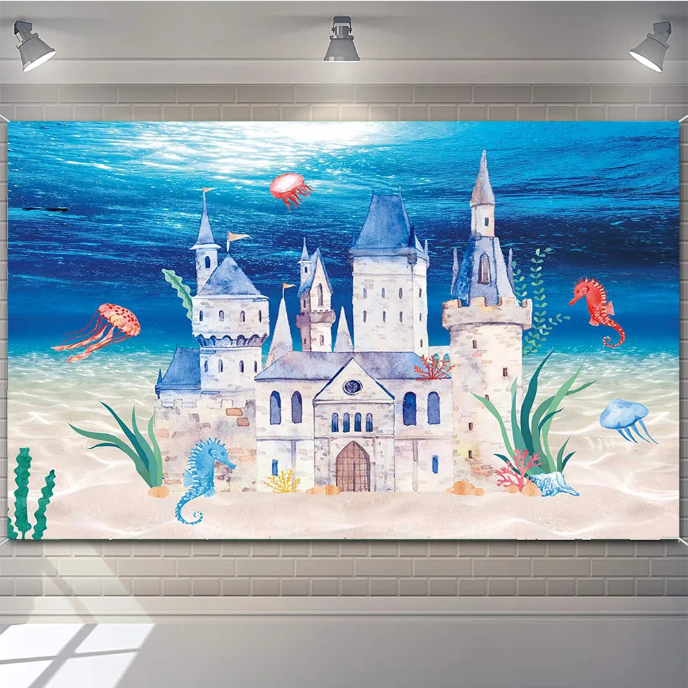 Blue Castle Underwater World Theme Party Decor Background Banner Seaweed Light Backdrop Boy Girl Kid Cake Smash Studio Photozone