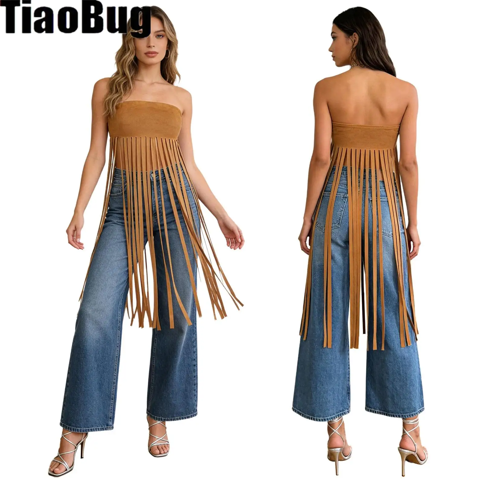 

Womens Western Cowgirl Style Fringed Dress Strapless Sleeveless Long Tassel Faux Suede Tube Dress for Party Fashion Streetwear