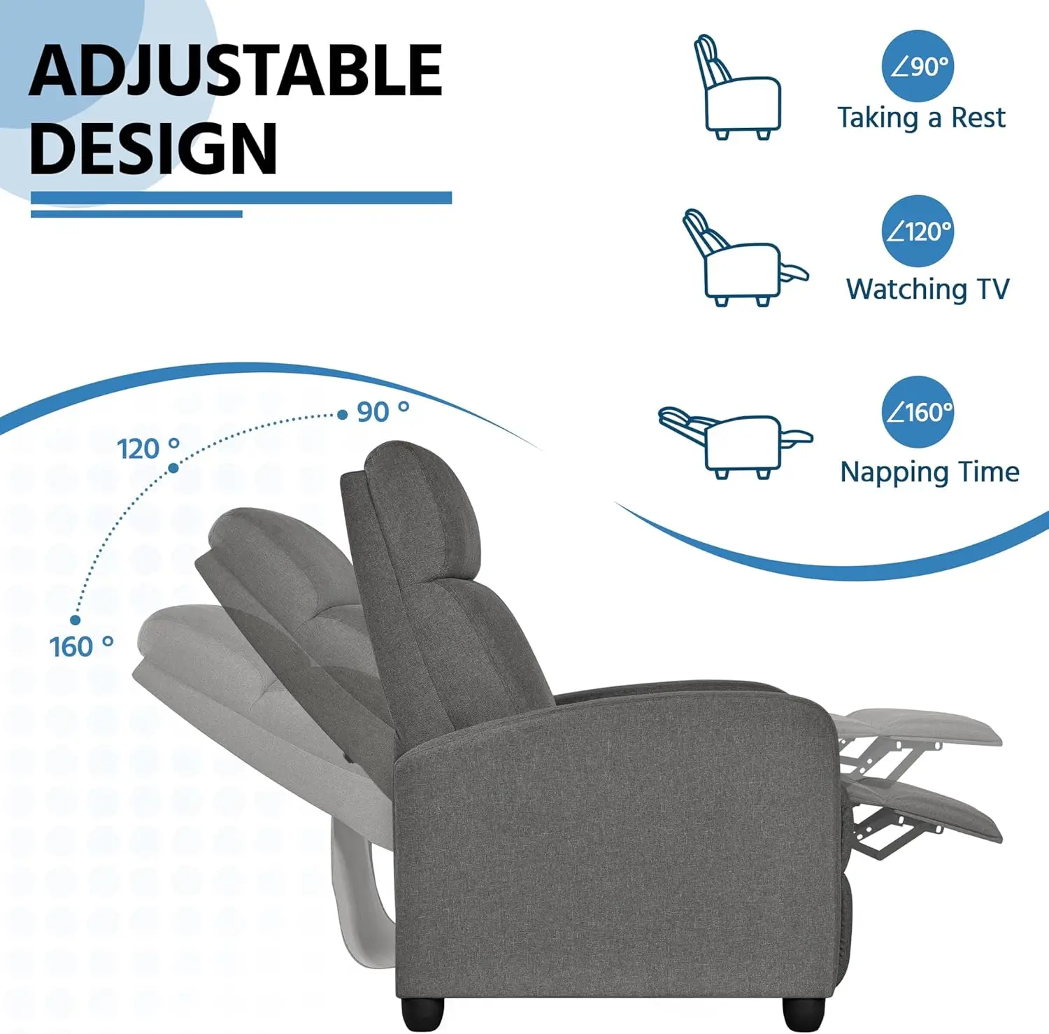 Silla reclinable de tela, sofá individual ergonómico ajustable con cojín de asiento más grueso, asientos modernos de cine en casa para sala de estar