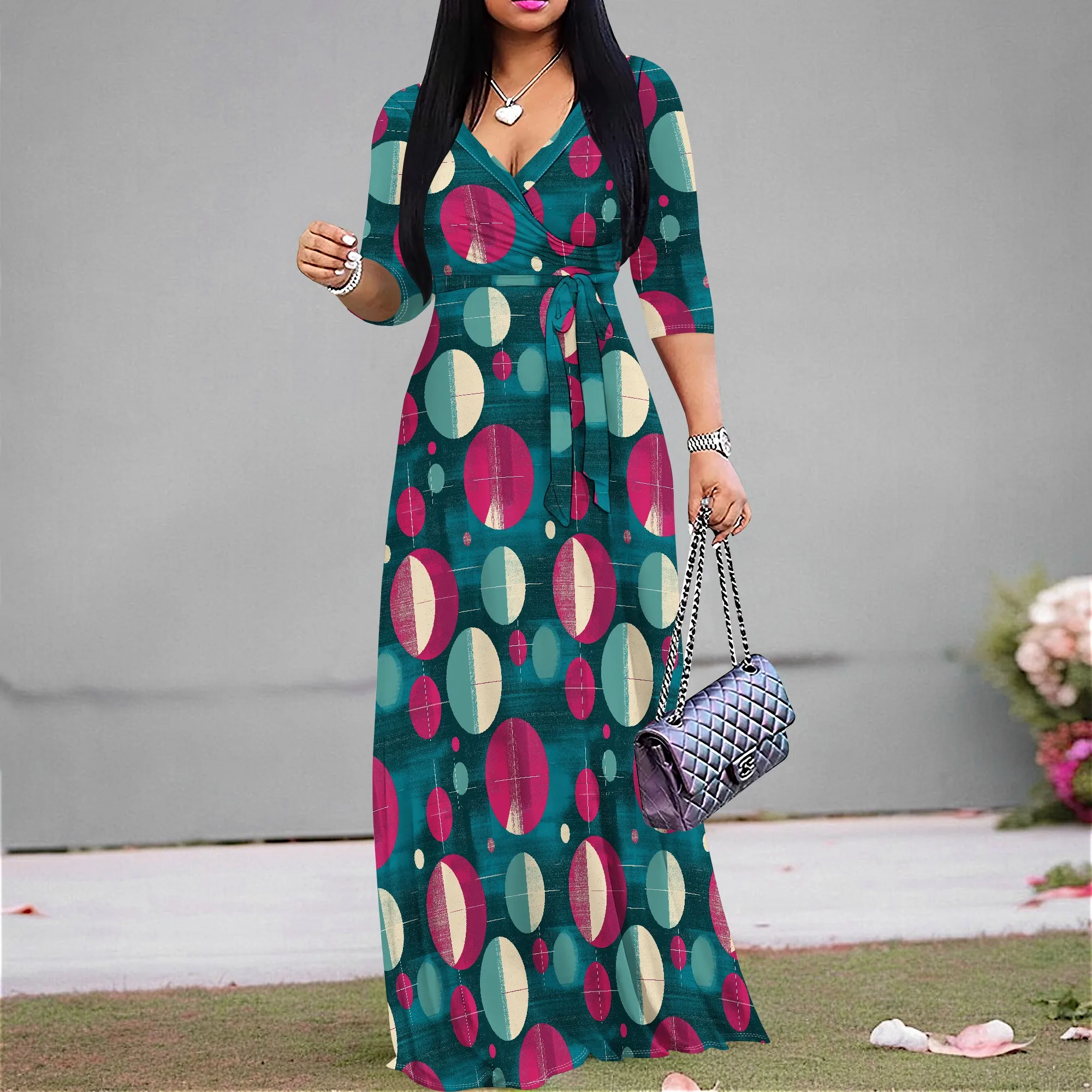 

Afrocentric Plus Size Dress Bold Print Wrap Dress S-3XL Vibrant Circular Pattern for Summer Festivals or Casual Wear