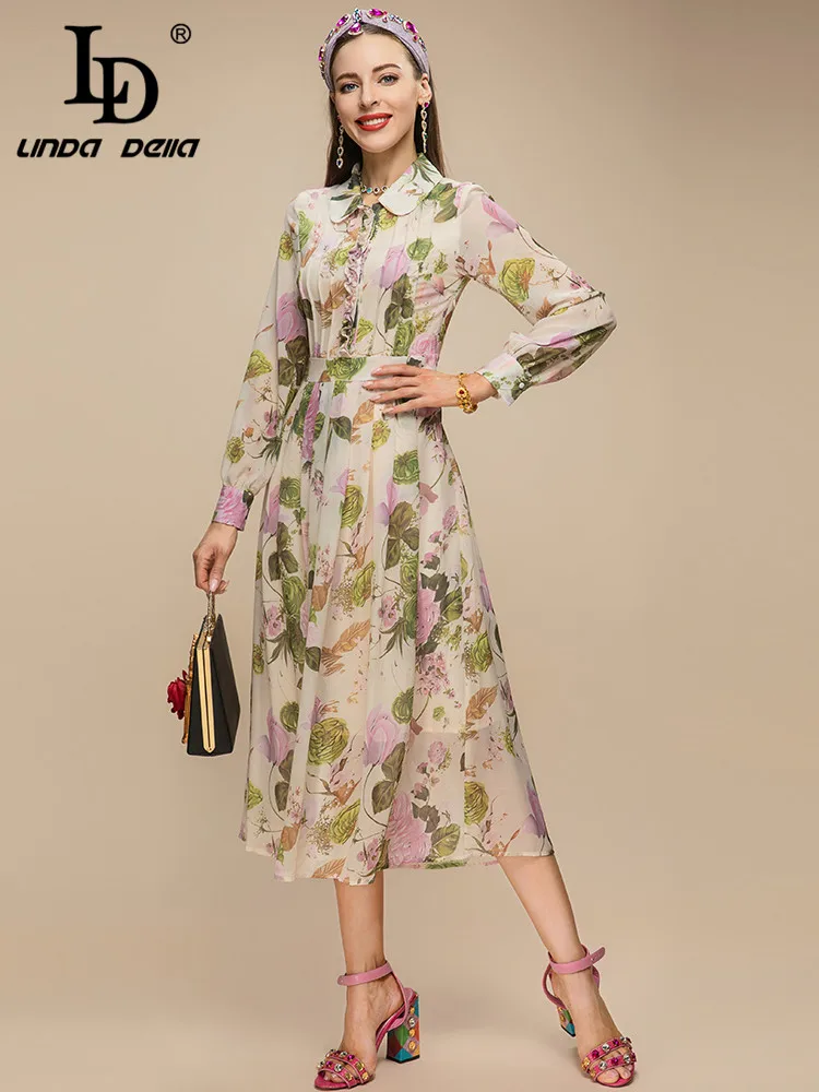 LD LINDA DELLA New 2023 Summer Runway Fashion Women Elegant Midi Dress Turn-down Collar Floral Print Vintage Party Dresses