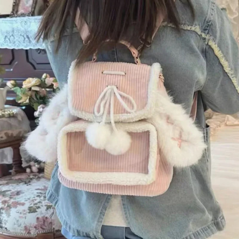 

Winter Pink Small Backpacks for Women Rabbit Ears Cute Corduroy Lolita Jk Ita Bag Transparent Plush Kawaii Female Aesthetic Bags