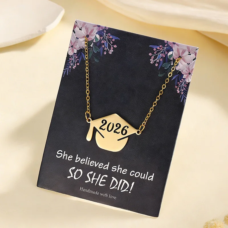 18k Gold Plated Stainless Steel Class Of 2026 Graduation Cap Pendant Necklace For Women Men With Card Gifts