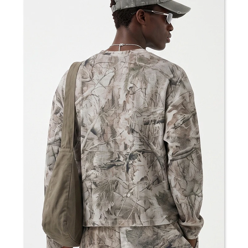Men's 2026 Autumn American Style Tree Branch Camouflage Print Long Sleeve T-shirt, Loose Fit Breathable Streetwear Top