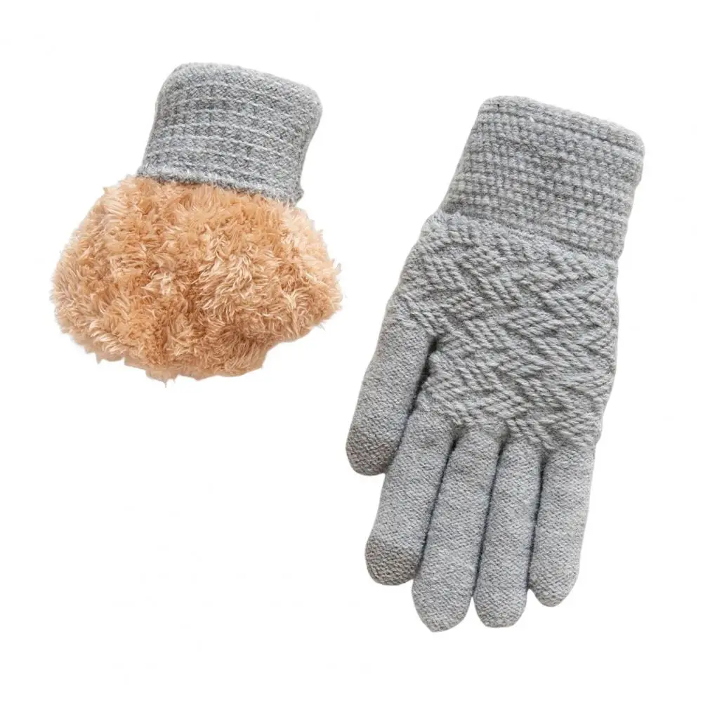 1 Pair Women Winter Gloves Double-layer Plush Knitted Five Fingers Mittens Cold Weather Driving Golfing Skiing Skating Gloves