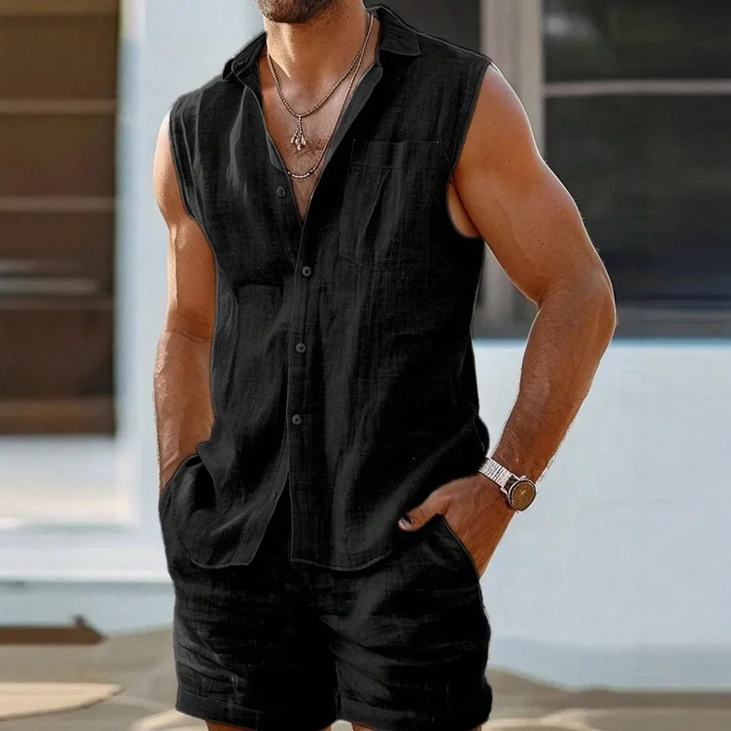 

Sexy and fashionable European and American men's casual cardigan vest set in cotton and linen style