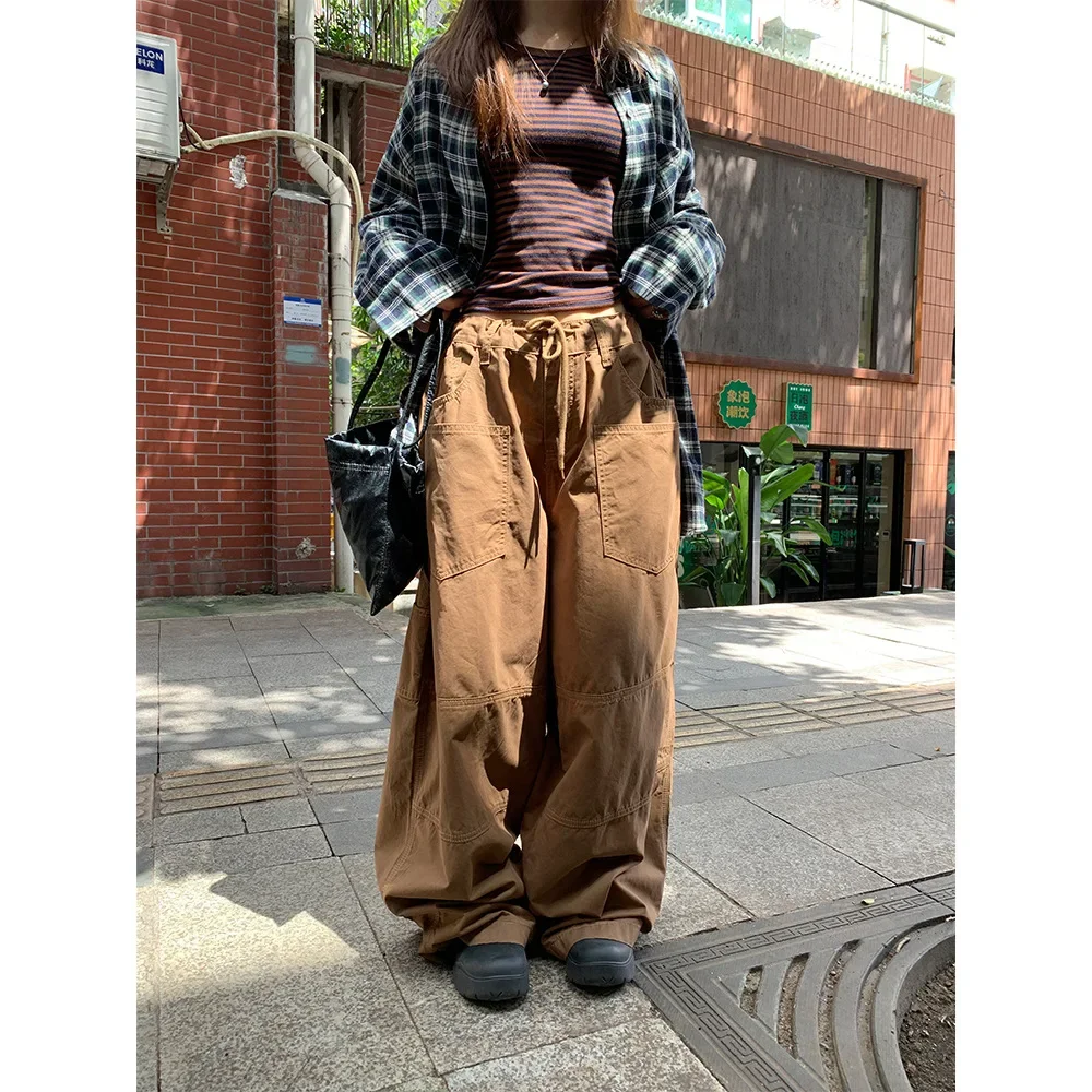 

Cargo Pants Women Streetwear High Waist Loose Fit Solid Straight Floor Length Multiple Pockets Drawstring Wide Leg Trousers
