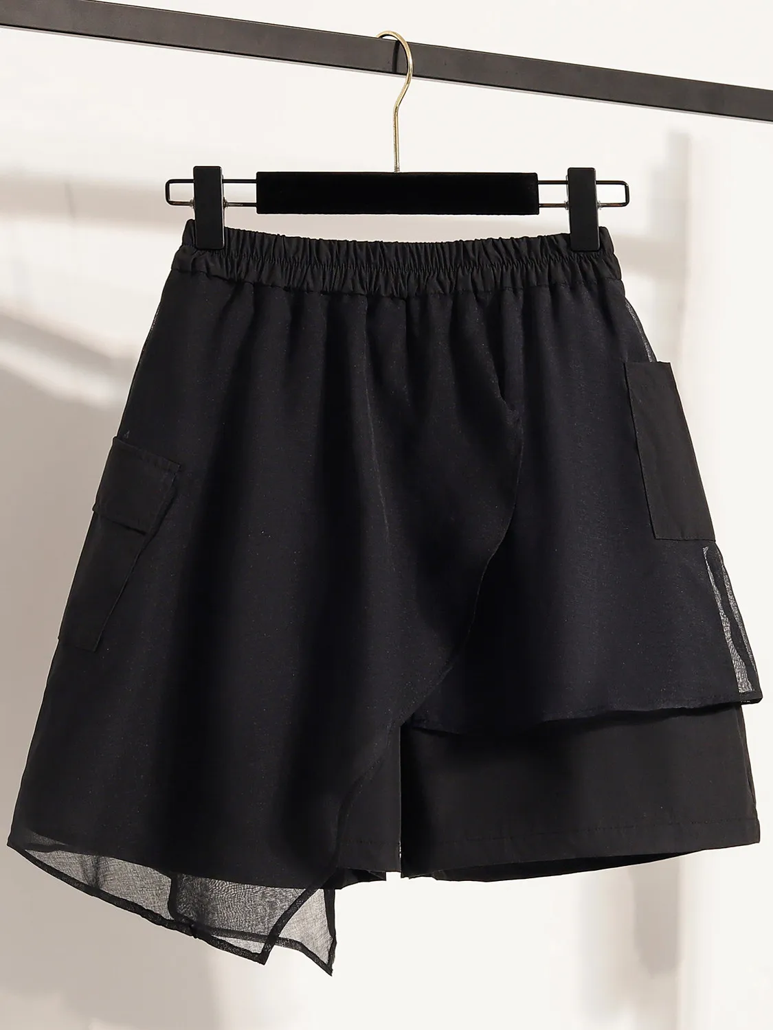 Summer Fashion Asymmetrical Mesh Patchwork Shorts for Women Elastic Waist Loose Casual Solid Color Slim Fit Black Short Pants