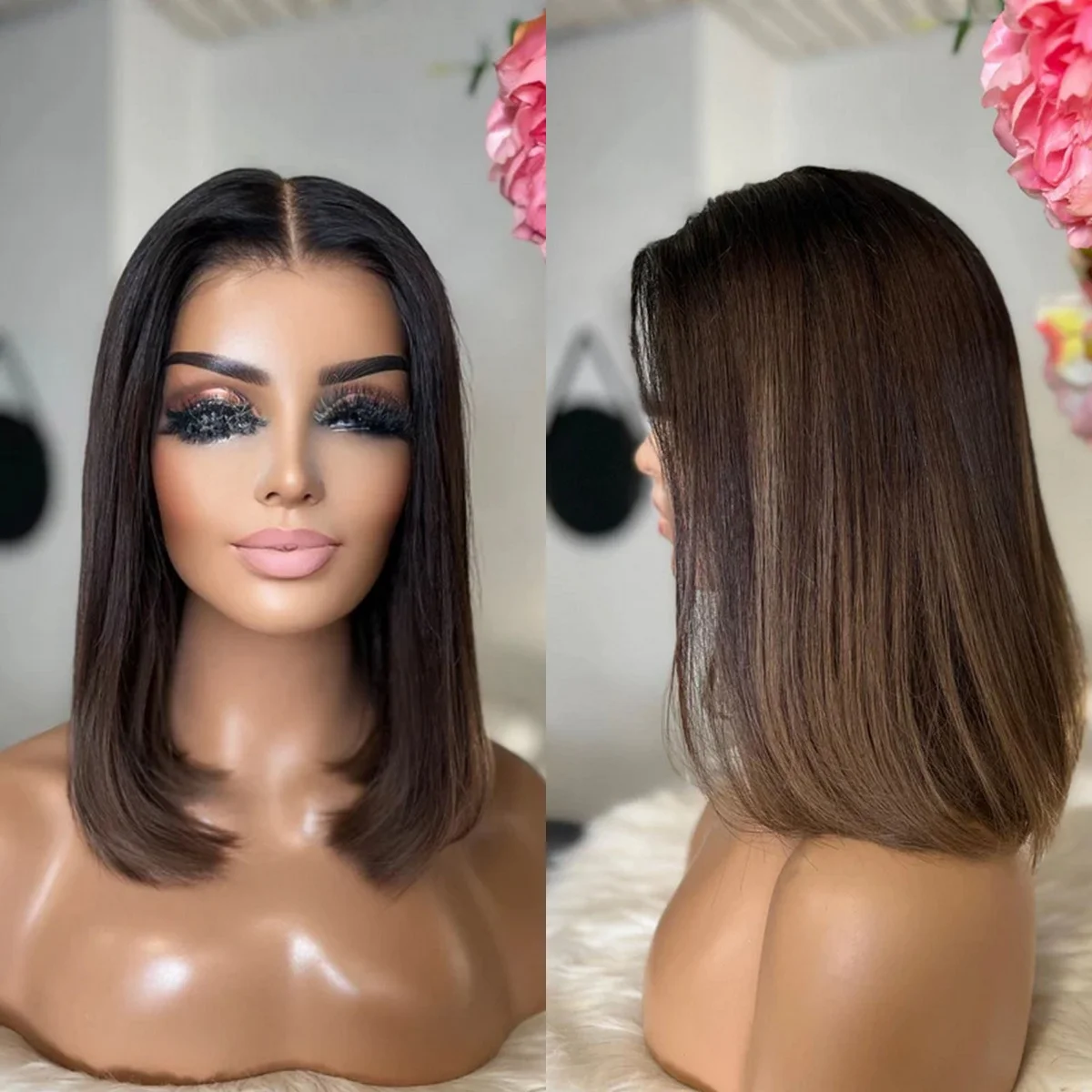 

Роскошный прямой парик без клея, реалистичный вид, естественная линия волос, парик-боб с разрезом посередине, с мелированием, светло-коричневый балаяж для женщин