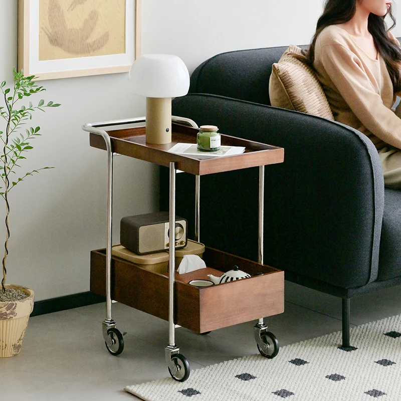 Retro Solid Wood Trolley Cart Space-Saving Corner Organizer Portable Display Ledge Antique Tea Table