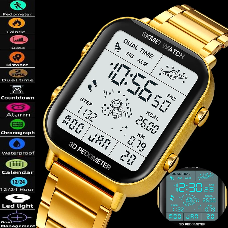 

Skmei Luxury Pedometer Calorie Men's Watches Waterproof LED Digital Countdown Business Casual Electronic 2 Time Wristwatches