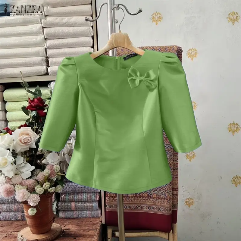 ZANZEA 여성용 우아한 새틴 블라우스 고급스러운 공주 스타일 반소매 뒷지퍼 슬림핏 숏탑 여름 여성 의류 3XL