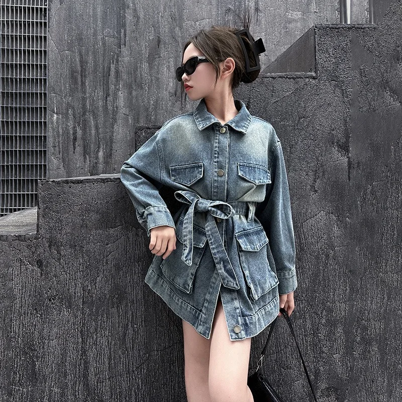 Girls' Denim Jacket Autumn New 2024 Children's Korean Version Belt Trendy Style Top Girls' Fashionable Denim Clothing 5-14 T