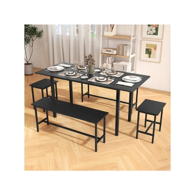 Dining Table Set for 4-6, 5-Piece Kitchen Table Chairs Set, 63” Extendable   with 2 Benches, 2 Stools, Dinette
