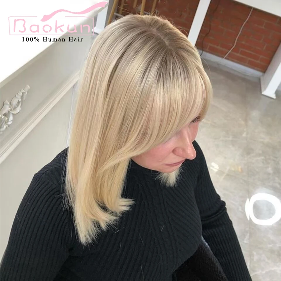 Warm Blonde Bob Human Hair Lace Frontal Wig With Bangs 13x4 Highlight Wig Glueless 13x6 Short Straight Human Hair Wigs For Women