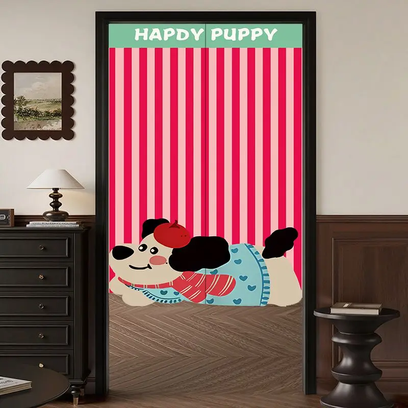 VIKAMA Cute Cartoon Black Cat Hanging Door Curtain, Striped Half Door Privacy Curtain, Soft Fabric Home Decor Noren