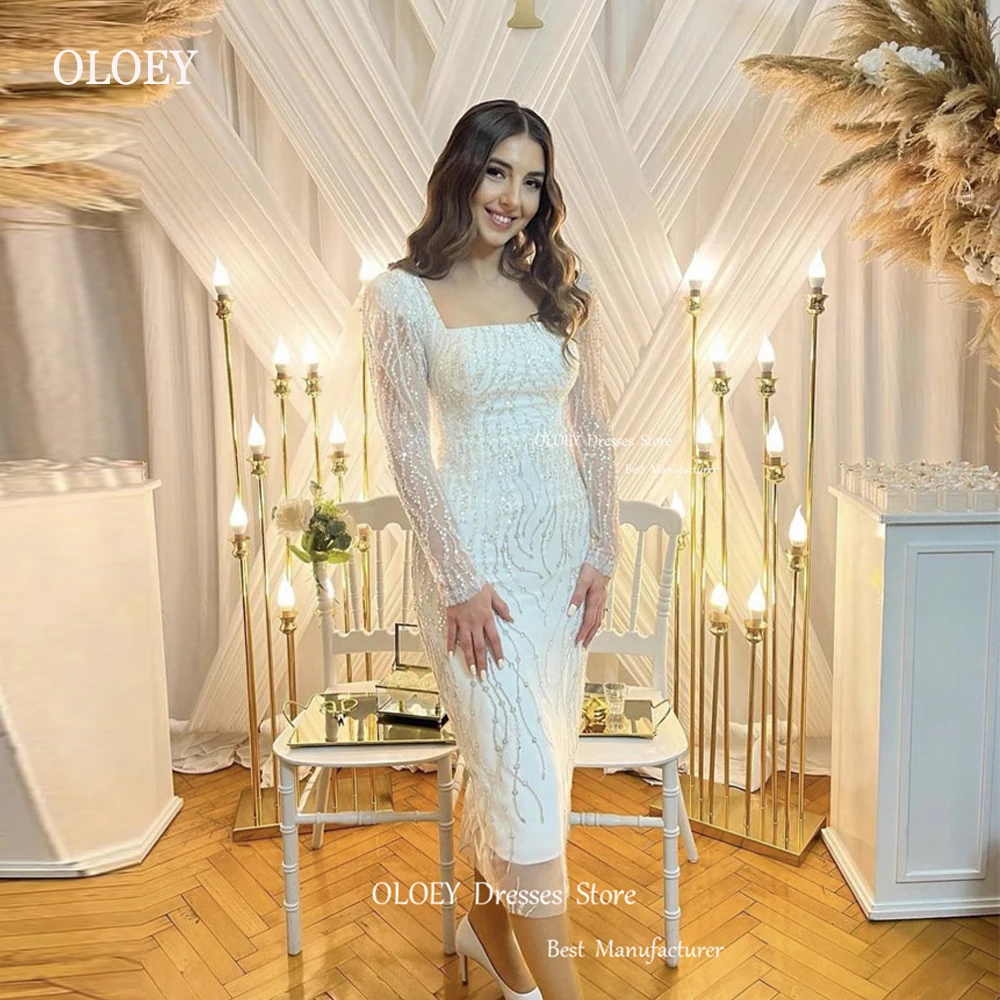 OLOEY Sparkly Lace Sheath Evening Party Dresses Long Sleeves Square Neck Tea Length Glitter Prom Gowwn Dubai Arabic Women Party