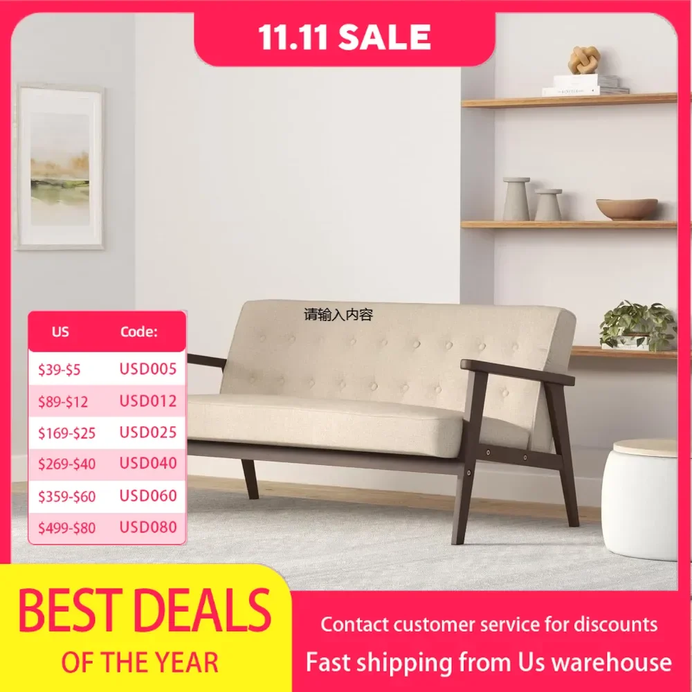 Coffee chair, mid-century modern armchair, solid wood armrests and legs, 2 seat upholstered sofa bedroom balcony studio