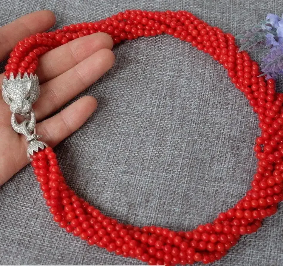 fashion 8strds Red Coral Round necklace-zircon clasp